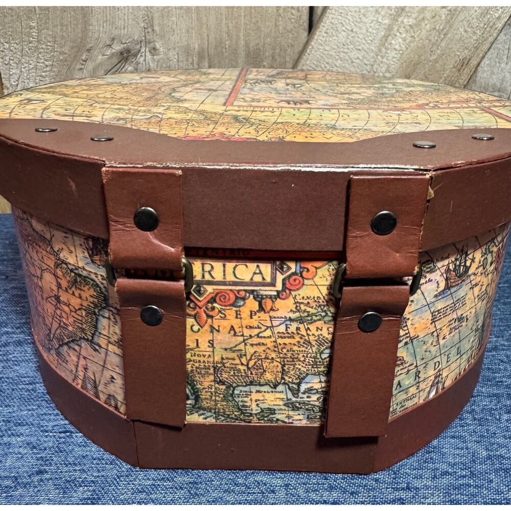 Vintage Old World Map Cardboard Nesting Hatbox Storage Metal Push Lock Accents - Picture 12 of 13